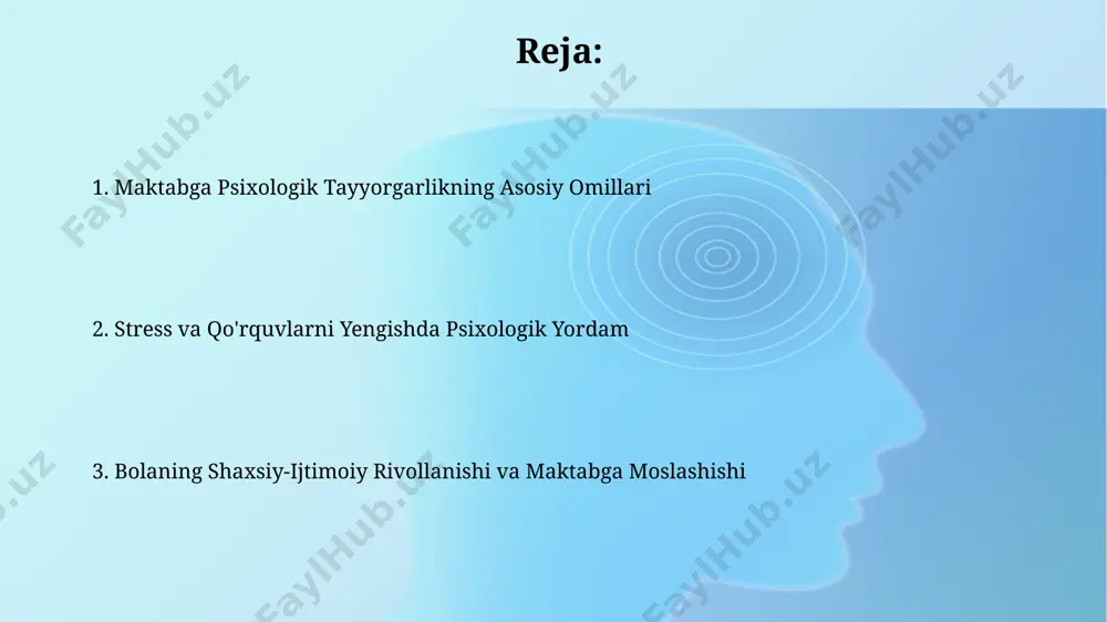 omil bilan bog'liq. o'yin terapiyasi va ijtimoiy ko'nikmalarni rivojlantirishga qaratilgan maxsus mashg'ulotlar, maktabga moslashuv jarayonini 2-3 marta tezlashtirishi mumkin. oila va maktabning o'zaro ta'siri oilaviy qo'llab-quvvatlash va bolaning maktabdagi ishtiroki o'rtasida kuchli ijobiy korrelyatsiya mavjud; ota-onalarning faol ishtiroki bolaning akademik yutuqlarini 25% ga oshirishi mumkin. oiladagi salbiy munosabatlar, masalan, doimiy janjallar yoki zo'ravonlik, bolaning maktabga moslashishiga salbiy ta'sir ko'rsatishi mumkin, bu esa o'qishdagi muvaffaqiyatsizlik va ijtimoiy moslashuvsizlikka olib kelishi mumkin, 70% gacha bo'lgan hollarda kuzatiladi. stress va qo'rquvni yengish bolalarda stress va qoʻrquvning asosiy sabablarini aniqlashda 5 yoshdan 7 yoshgacha boʻlgan guruhlarda kuzatiladigan individual farqlarni hisobga olish muhim, chunki ularning reaksiyalari yoshga bogʻliq ravishda farq qiladi. stressni boshqarishning samarali usullaridan biri – nafas olish mashqlari boʻlib, bu bolaning yurak urish tezligini kamaytiradi va mushaklarning tarangligini yoʻqotadi, bu esa 30 sekund ichida sezilarli ta’sir koʻrsatadi. maktabga tayyorgarlikning psixologik jihatlari bolalarning 70%ida maktabga tayyorgarlik darajasi ularning oilaviy muhit va ota-onalar bilan bo‘lgan …