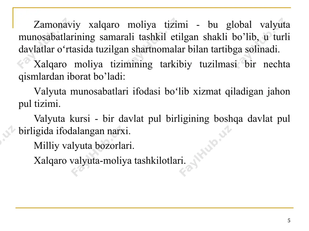 qish hamda joriy etish orqali milliy moliyaviy institutlarni isloh qilish; toʻlov tizimlari, buxgalteriya hisobi va auditning takomillashgan standartlarini hamda bankrotlik tartib-qoidalarini ishlab chiqish va joriy etish orqali moliya tizimi infratuzilmasini mustahkamlash; rivojlanayotgan va rivojlangan mamlakatlarda moliyaviy operatsiyalarni nazorat etishning mustahkam xuquqiy tartibini joriy etish; offshor hududlar faoliyatida xalqaro tartiblarni to’liq joriy etish uchun sharoit yaratish; xalqaro kapital harakatini qattiq nazorat qilish. * 2. yangi iqtisodiy siyosatga oʻtish: ichki bozorlarning faoliyat yuritish erkinligini kengaytirish va rivojlanayotgan mamlakatlar bozorlarida valyutani tartibga solishning samarali mexanizmini joriy qilish hamda xalqaro moliya munosabatlari rivojlanishi uchun eng maqbul shart-sharoitlarni yaratish; ijtimoiy qoʻllab-quvvatlashning xalqaro transfertlari tizimida baravarlikni ta’minlash; xususiy biznesni davlat tomonidan yanada qoʻllab-quvvatlash va ijtimoiy imtiyozlarni ob’ektiv taqsimlash mexanizmlarini ishlab chiqish; inqiroz jarayonlarining ta’siri ostida aholining moliyaviy yoʻqotishlarini kamaytirish variantlarini oʻrganish, shuningdek jamiyatning eng zaif qatlamlari himoyasini ta’minlashga qaratilgan siyosatni shakllantirish; xususiy va davlat sektori, shuningdek, xalqaro moliya tashkilotlari faoliyatining oshkoralik darajasini oshirish. * 3. xalqaro …