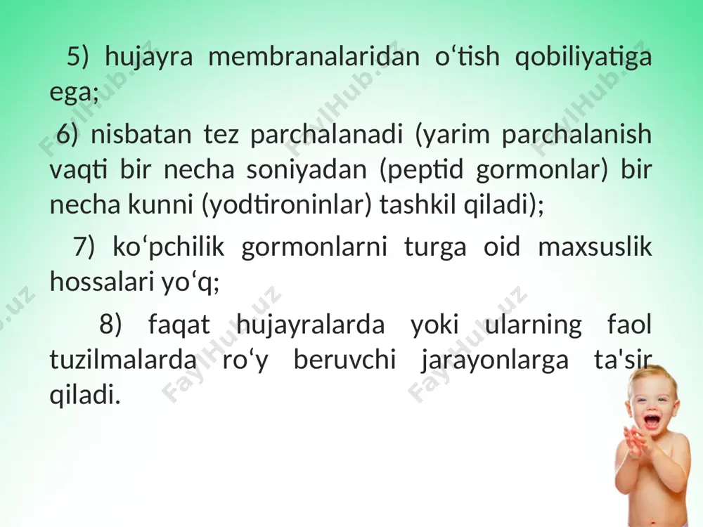 rmon qalqonsimon bezi oldi bezlarida, kaltsitonin esa qalqonsimon bezning maxsus s-hujayrasida sintezlanadi. paratgormon mol. massasi 8,5ming ga teng, kaltsitonin - 3,6 ming ga teng oqsil moddalar. paratgormon, birinchidan osteoblastlarning faolligini kuchaytirib, suyakdan kaltsiy va fosfor ajralib chiqishini tezlashtiradi. ikkinchidan, u buyraklarda reabsorbsiyani kuchaytiradi. vitamin d ning miqdori yetarli bo‘lganda paratgormon ichakda kaltsiy so‘rilishini ham tezlashtiradi. natijada qonda doimiy (0,1g/l yoki 3mmol/l) bo‘lgan kaltsiy miqdori ko‘payadi. fosforning qondagi miqdori paradgormon ta'sirida unchalik o‘zgarmaydi. одамда тўртта паратиреоид без бор,булардан иккитаси қалқонсимон безнинг орқасида, қолган иккитаси эса қалқонсимон безнинг пастки қутбида, баъзан эса без тўқимасида бўлади. улар япалоқ овал тузилмалар бўлиб, буйи 6—7 мм, эни 3—4 мм ва қалинлиги 1,5—2мм. без тўқимаси қон ва лимфа томирларига бой. паратиреоид без- лар ҳиқилдоқнииг юқори нерви ( n.laryngeus superior. ) дан иннерва- ция олади. аутоиммунный базедова болезнь. тиреоидит. кретинизм микседема buyrak usti bezi bu bezlarning po‘stloq qismi: tashqi qavat - koptokchali soha: o‘rta qavat - tutamli …