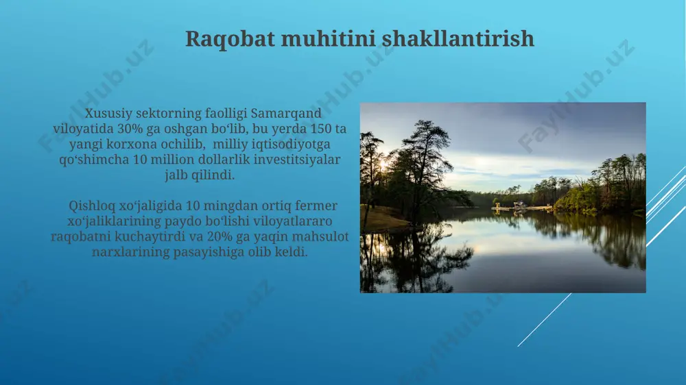 jratildi, bu esa toshkent shahridagi it-parklarning rivojlanishiga sezilarli hissa qo'shdi. innovatsiyalarni qo'llab-quvvatlash dasturi doirasida samarqand viloyatida 100 dan ortiq kichik va o'rta biznes korxonalariga texnologiya yangilanishi uchun grantlar taqdim etildi, natijada ish o'rinlari soni 30% ga oshdi. huquqiy asoslar va kafolatlar toshkent shahrida joylashgan xususiy mulk huquqlarini himoya qilish bo‘yicha sud organlari 2022-yilda 500 dan ortiq xususiy mulk bilan bog‘liq da’volarni ko‘rib chiqdi, bu huquqiy himoyaning samaradorligini ko‘rsatadi. 1992-yilda qabul qilingan o‘zbekiston respublikasining konstitutsiyasi xususiy mulkni himoya qilish va rivojlantirishni kafolatlaydi, 44-modda esa yer, suv va boshqa tabiiy boyliklarga xususiy mulk huquqini belgilaydi. ishsizlikni kamaytirish va bandlikni oshirish xususiylashtirish natijasida 2022-yilda toshkent shahrida 15000 dan ortiq yangi ish o'rni yaratildi, bu umumiy ishsizlik darajasini 1,5% ga kamaytirishga yordam berdi. samarqand viloyatida xususiy sektorning rivojlanishi tufayli 2023-yilning birinchi choragida 5000 dan ziyod kishiga, asosan yoshlarga, turli sohalarda, jumladan, turizm va qishloq xo'jaligida ish bilan ta'minlandi. xalqaro hamkorlik va chet el investitsiyalari …