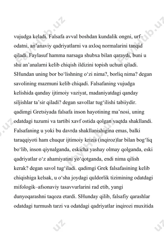 , insonning ijtimoiy majburiyatlari kabi qator falsafiy masalalar yoritilgan. ularda ta’kidlanishicha, tana jonning qobig‘i bo‘lib, jon esa – dunyoviy ruxning bir bo‘lagidir. xind falsafasi asoslari «upanishadalar» nomi bilan mashxur bo‘lgan manba’larda ham o‘z aksini topgan. «upanishadalar» «sirli bilim» degan ma’noni anglatib, «vedalar»ning falsafiy qismini tashkil etadi. «upanishadalar» yaxlit kitob yoki falsafiy risola bo‘lmay, balki turli vaqtda har xil mavzuda ijod etgan noma’lum mualliflarning matnlaridan iboratdir. ularning mazmuni va uslubi turlicha falsafiy qarashlar maxsulidir. «upanishadalar»dagi falsafiy mavzular, asosan, insonni o‘rab turgan borliq, uning hayotdagi o‘rni va vazifasi, tashqi olam va inson tabiati, uning hayoti va ruxiyatining moxiyati, bilish imkoniyatining chegaralari, axloq me’yorlari haqidadir. falsafiy muammolar asosan diniy-mifologik nuqtai nazardan bayon etilgan. eramizgacha bo‘lgan viii-vii asrlarda xindistonda lokayati (bu dunyo)ni tan oluvchi falsafiy ta’limot shakllana boshladi. bu ta’limotning asosi brixaspati va uning izdoshlari vedalarda bayon etilgan diniy qarashlarni tanqid qilib, erdan boshqa tarzdagi hayotning bo‘lishi mumkin emas, degan fikrni ilgari surdilar. lokayataning …