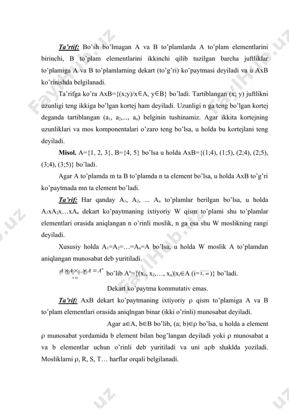 li (ternar) munosabat bo’ladi. quyida binar munosabat turlarini ko’raylik: 1. refleksiflik munosabati. ta’rif: agar a to’plamning ixtiyoriy a elementi uchun a(a bajarilsa (bajarilmasa), u holda ( ga a to’plamda aniqlangan refleksiv (antirefleksiv) munosabati deyiladi. agar a to’plamning ba’zi bir a elementi uchun a(a bajarilib, ba’zi bir b elementi uchun b(b bajarilmasa, u holda ( ga a to’plamdagi refleksifmas munosabat deyiladi. masalan, r haqiqiy sonlar to’plamida aniqlangan “tenglik” munosabati refliksev, lekin “kichik” (“katta”) munosabati antirefliklsev munosabat bo’ladi. 2. simmetrik munosabat. ta’rif: agar a to’plamning ixtiyoriy a va b elemementlari uchun a(b munosabatning o’rinli ekanligidan b(a munosabatning ham o’rinli ekanligi kelib chiqsa,(kelib chiqmasa), u holda ( ga a to’plamda aniqlangan simmetrik (semmitrikmas) munosabat deyiladi. agar a to’plamdagi ixtiyoriy a va b elementlar uchun a(b va b(a munosabatlarning bajarilishidan a=b kelib chiqsa, u holda ( ga a to’plamdagi antyisimmetrik munosabat deyiladi. masalan, r haqiqiy sonlar to’plamida “tenglik” munosabati simmetrik, “kichik” (“katta”) munosabatga semmitrik …