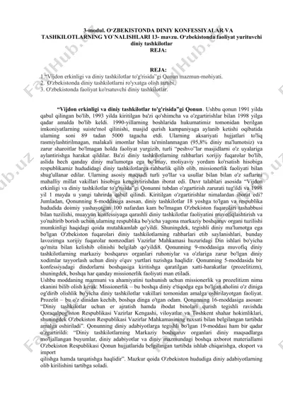 "o‘zbekistonda diniy konfessiyalar va tashkilotlarning yo`nalishlari" — DOC