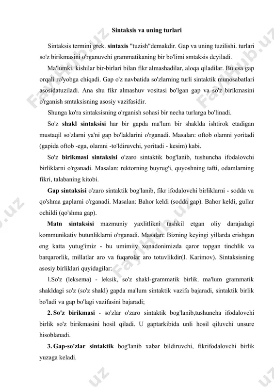 hosil qiluvchi unsure hisoblanadi. 3. gap-so'zlar sintaktik bog'lanib xabar bildiruvchi, fikrifodalovchi birlik yuzaga keladi. so'z birikmasi tushunchalar orasidagi munosabatlarni ifoda qilish uchun ma'no va grammatik jihatdan o'zaro bog'lanib kelgan ikki va undan ortiq mustaqil so'z, so'z birikmasi deyiladi. masalan: a'lochi talaba, keksa bog'bon, tovushdan tez, oppoq qor, shohistaning kitobi. so'z birikmasi kamida ikkita mustaqil so'zning o'zaro grammatik jihatdan bog'lanishidan hosil bo'ladi. so'z birikmasi erkin birikma hisoblanadi va turg'un birikmalardan farq qiladi. turg'un birikmalar tarkibidagi so'zlar o'rnini almashtirib bo'lmaydi va ular bir gap bo'lagi vazifasini bajaradi. erkin birikma tarkibidagi so'zlar o'rnini almashtirish mumkin va birikma tarkibidagi har bir so'z alohida gap bo'lib kela oladi. misollarni solishtiring: anvarning bu gaplardan keyin hafsalasi pir bo'ldi (hafsalasi pir bo'ldi - kesim, turg'un birikma). anvarning onasi uyga keldi (anvarning - aniqlovchi, onasi - ega, erkin birikma). so'z birikmasi nutq birligi va nutq jarayonida yuzaga keladi; turg'un birikma esa til birligidir. so'z birikmasini gap va qo'shma …