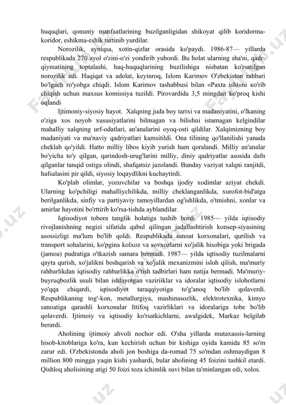 a edi. o'zbekistonda qonunchilik buzildi, o'zboshimchalik va qatag'onning yangi davri avj oldi. ming-minglab iqtidorli, rahbarlik mahoratini puxta egallagan rahbar kadrlar, paxtakorlar, ter to'kib mehnat qilgan halol kishilar qamoqqa olindi. hibsga olingan respublika partiya va davlat organlarining rahbarlari esa moskva qamoqxonalariga tashlandi. tergov xodimlari 30— yillarda ishlatilgan yaramas usullar-dan foydalanib, hibsga olinganlarni qiynab, boshqalar ustidan to'qil-gan aybnomalarni ularning qo'li bilan qaytadan yozdirib olardi va bu «aybnoma» tobora ko'p begunoh odamlarni qamashga asos bo'lib qolardi. 25 mingga yaqin kishi qiynoq ostiga olinib, so'roq qilindi. 4,5 mingdan ko'proq kishi sud qilinib, turli muddatlarga ozodlikdan mahrum etildi. o'sha yillarda o'zbekiston kompartiyasi mqning birinchi kotibi bo'lib uzoq yillar ishlagan, o'zbek xalqining baxt-saodati yo'lida samarali faoliyat ko'rsatgan sh.r. rashidovning nomi ham badnom qilindi. vafot etib ketgan partiya va davlat arbobining ruhini bezovta qilish nima uchun kerak bo'lib qoldi? o'zbekistonning, o'zbek xalqining sha'ni-shavkati va qadr-qiymatini oyoq osti qilish uchun kerak bo'lgan edi. buni anglamagan, ayrim mahalliy rahbar …