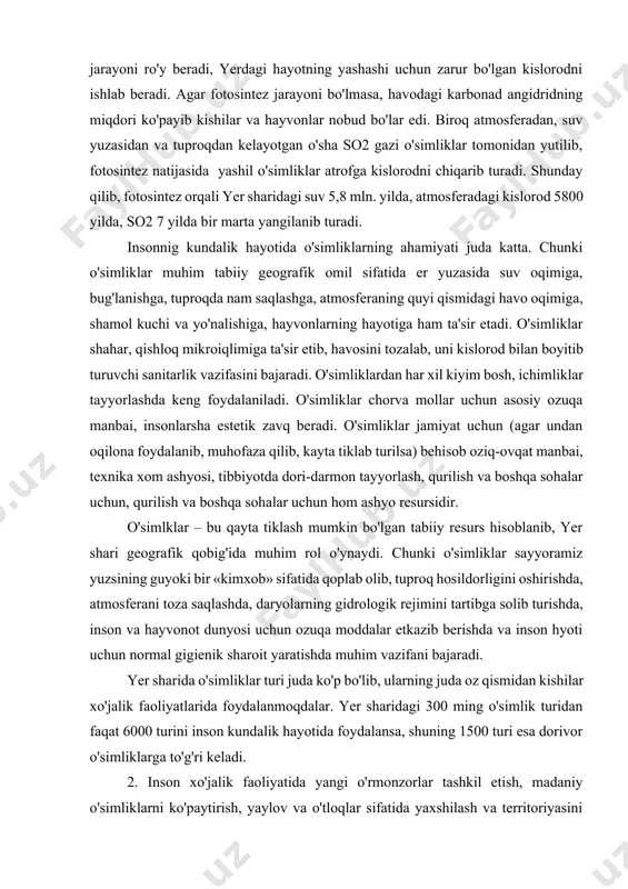 da, kimyo va yoqilg'i sanoatida, mudofada, madaniy-oqartuv ishlarida, har xil dorilar tayyorlashda ham keng foydalanilmoqda. agar bundan 30 yil ilgari yog'ochdan 4-5 ming xil narsa tayyorlangan bo'lsa, hozir undan 20 ming xil narsalar ishlanmoqda. fan va texnika taraqqiy etgan sari hozirgi zamonda yog'och kimyo sanoatining xom ashyo resursiga aylanib qoldi. kimyoviy yo'l bilan yog'ochdan qog'oz, sun'iy shoyi va jun, tutunsiz porox, sellyuloza, fotokinoplyonkalar, nitrolak, sun'iy charm, plastmassalar, etil va metil spirti, uksus kislotasi, glyukoza, yonuvchi gaz, sun'iy kauchuk va boshqa juda ko'p mahsulotlar olinmoqda. 1 m3 yog'ochni kimyoviy yo'l bilan qayta ishlaganda kuyidagi mahsulotlarni olish mumkin: 200 kg sellyuloza yoki 200 kg qog'oz, yoki 6000 m3 sellofan yoki 5-6 l yog'och spirti, yoki 20 l sirka kislotasi yoki 70 l vino spirti, yoki 160 km sun'iy tola. 1.asosiy qism 1.1 o'rmonlar kishilik hayotida oziq-ovqat manbai hamdir. juda ko'p daraxtlar sifatli meva (kedr, grek va pekan yong'og'i, non daraxti, kakao daraxti, …