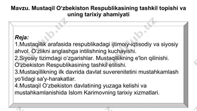 mustaqil o‘zbekiston respublikasining tashkil topishi va uning tarixiy ahamiyati — PPT