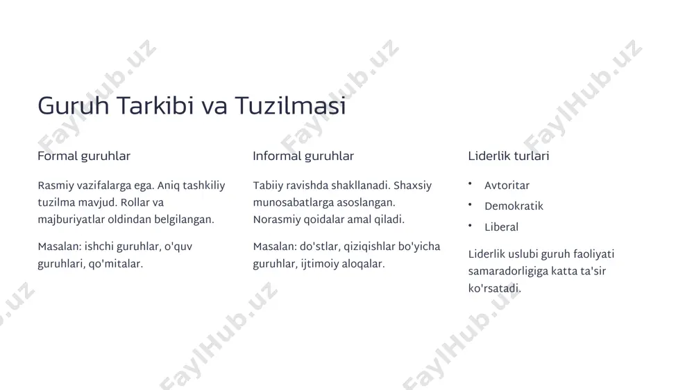 . 13 kichik guruhlar psixologiyasining amaliy ahamiyati tadbirkorlik va boshqaruv samarali ishchi guruhlarni shakllantirish. korporativ madaniyatni rivojlantirish. liderlik qobiliyatlarini takomillashtirish. jamoa ruhini ko'tarish. ta'lim va tarbiya o'quv jarayonini takomillashtirish. sinf jamoasini rivojlantirish. bolalar guruhlari bilan ishlash. guruhli o'qitish usullarini qo'llash. psixoterapiya guruhli terapiya usullari. psixologik trening guruhlari. o'z-o'ziga yordam guruhlari. ijtimoiy munosabatlarni yaxshilash. ijtimoiy soha ijtimoiy loyihalarni amalga oshirish. hamkorlikni rivojlantirish. ixtiloflarni hal qilish. jamoa a'zolari o'rtasida munosabatlarni yaxshilash. 14 xulosa va asosiy xulosalar kichik guruhlar psixologiyasi zamonaviy jamiyatda muhim ahamiyatga ega. guruh dinamikasi, liderlik va qaror qabul qilish jarayonlarini tushunish ijtimoiy munosabatlarni takomillashtirishga yordam beradi. kelajakdagi tadqiqotlar zamonaviy texnologiyalar kontekstida guruh o'zaro ta'siri, virtual guruhlar xususiyatlari va madaniyatlararo muloqotga qaratilishi lozim. 15 image1.png image2.png image3.png image4.png image5.png image6.png image7.png image8.png image9.png image10.png image11.png image12.png image13.png image21.png image14.png image15.png image16.png image17.png image18.png image19.png image20.png image22.png image30.png image23.png image24.png image25.png image26.png image27.png image28.png image29.png image31.png image32.png image33.png image34.png image35.png image36.png image37.png …