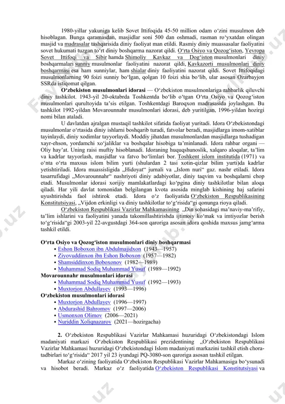 kommunizm oʻrnatish urinishlari qarshilikka duchor boʻldi. bolsheviklar boshida sovet hokimiyati hali chuqur oʻrnashmagani hamda musulmonlar orasida inqilob gʻoyalarini targʻib qilish istagi tufayli islomga qarshi keskin kurashmadi. ammo sobiq rossiya imperiyasining chekka hududlarida sovet hokimiyati oʻrnatilganidan keyin, 1930-yillarga kelib bolsheviklar koʻp sonli masjidlarni yopdi va buzib tashladi, koʻplab imom va din peshvolarini qirgʻin qildi. 1930-yillar yakunigacha musulmon taʼlim tizimlari tugatildi, arab yozuvidagi koʻplab diniy manbalar yoʻq qilindi. sovet ittifoqi hukumati faol tarzda ateizmni targʻib qildi. shunday boʻlsa-da, yuqorida tilga olingan olti musulmon mamlakatda aholi din amallarini bajarishiga qisman ruxsat berildi. yirik shaharlarda masjidlar oʻz faoliyatini davom ettirdi, ammo ularning soni 1917-yilda 25 mingni tashkil qilgan boʻlsa, 1970-yillarga kelib bu koʻrsatkich 500 ga tushib qoldi. ikkinchi jahon urushidan keyingi yillarda dinga qoʻyilgan cheklovlar nisbatan yumshatildi. 1946-yil buxoroda mir arab madrasasi faoliyati tiklandi. 1946—1956 va 1961—1989-yillarda ushbu madrasa sovet ittifoqidagi yagona islomiy oʻrta taʼlim muassasasi boʻlgan. 1980-yillarning ikkinchi yarmidan boshlab faol tarzda ilmiy …