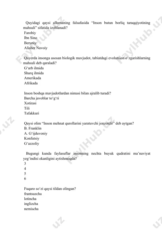 hammasi to‘g‘ri g.m.kodjasparova tarbiya kategoriyasini necha yo‘nalishda asoslaydi? 2 3 4 5 aksiologiya atamasining ma’nosi nima? yunoncha «axio» qadriyat,» logos» ta’limot lotincha «axiya» urf odat, «logos» fan fransuzcha «axos» odat, «logos» ta’lim inglizcha «axiya» urf odat, «logos» fan maktabgacha tarbiya muassasalarini rivojlantirish, maktabgacha yoshdagi bolalarga tarbiya berish va tibbiy xizmat ko‘rsatishni yaxshilash to‘g‘risidagi qaror qachon qabul qilingan 1959 1955 1960 1961 bolaning ko‘z bilan ko‘rsa, o‘lchansa bo‘ladigan ko‘nikma va malaka ko‘rsatkichi bu indikator talab ko‘rsatkich ko‘nikma 3 yoshdan 5 yoshgacha bo‘lgan bolaning rivojlanish ko‘rsatkichi necha yo‘nalishdan iborat? 4ta 5ta 2ta 6ta bolaning rivojlanish davrlari to‘g‘ri berilgan qatorni toping go‘daklik, ilk, kichik, o‘rta, katta, maktabga tayyorgarlik davri go‘daklik, kichik, o‘rta ilk, kichik, o‘rta, katta to‘g‘ri javob yo‘q maktabga tayyorlov davri necha yoshni o‘z ichiga oladi 6 7 yosh 5 6 yosh 6.5 7 yosh 5.5 6 yosh o‘zbekiston respublikasi prezidentining “zamonaviy maktab”larni tashkil etish chora tadbirlari to‘g‘risida”gi qarori qachon qabul qilingan? …