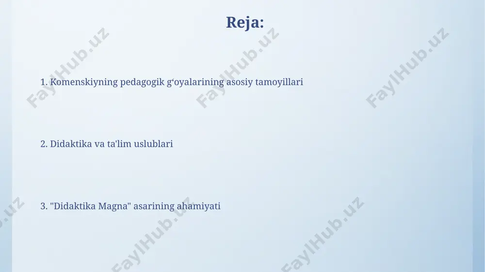 ishga qaratilgan. universal ta’lim tizimi komenskiyning "universal ta'lim tizimi" g'oyasi 150 dan ortiq tillarda kitoblar nashr etish orqali butun dunyo bo'ylab ta'limni umumlashtirishni o'z ichiga olgan. komenskiyning didaktikasi "hamma uchun hamma narsa" degan shiorni ilgari surdi, bu esa barcha ijtimoiy sinflar va jinsdagi bolalar uchun teng imkoniyatlarni ta'minlashni nazarda tutgan. komenskiyning pedagogik merosi bugun komenskiyning ona tilida ta'lim olish g'oyasi (17-asr) bugungi kunda globalizatsiya sharoitida milliy madaniyatni saqlash va rivojlantirish uchun muhim ahamiyat kasb etadi. uning "didaktika magna" asari (1657) zamonaviy pedagogik adabiyotlarda asosiy manba sifatida qo'llanilib, ta'lim nazariyasi va amaliyoti rivojiga sezilarli hissa qo'shdi. e'tiboringiz uchun rahmat @taqdimot_robot image4.png image5.jpg image6.jpg image7.jpg image8.jpg image9.jpg image10.jpg image11.jpg image3.jpeg
