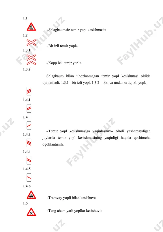 ko`rinishi cheklangan yoplda harakatlanish yopnalishi. yoplning tapmirlanayotgan qismini aylanib optish yopnalishi. 1.31.2 1.31.3 «burilishning yopnalishi» «t» simon chorrahada yoki yopl ayrilishlarida harakatlanish yopnalishi. yoplning tapmirlanayotgan qismini aylanib optish yopnalishi. imtiyoz belgilari imtiyoz belgilari – chorrahalarda, alohida joylashgan qatnov qismlari kesishgan joylarda, shuningdek, yo`lning tor qismida yo`l harakati qatnashchilarining harakatlanishi navbatini belgilash uchun qo`llaniladi. imtiyoz belgilari 7 ta bo`lib, ular ko`rinishi jihatidan har xil, chunki bu belgi guruhi boshqa yo`l belgi guruhlaridan tashkil topgan. shuning uchun ham uchburchak, to`rtburchak va doira shaklidagi ko`rinishga ega. bu belgilar bevosita kesishma, tutashma va yo`lning tor qismlariga o`rnatiladi. imtiyoz belgilari - chorrahalarda, alohida joylashgan qatnov qismlari kesishgan joylarda, shuningdek, yoplning tor qismida yopl harakati qatnshchilarining harakatlanish navbatini belgilash uchun qopllaniladi. 2.2-rasm. 2.2-jadval. 2.1 «asosiy yopl» harakat tartibga solinmagan chorrahalarda ikkinchi darajali yoplda harakatlanayotgan transport vositasidan oldin optish huquqi beriladigan yoplning boshlanishi. 2.1 «asosiy yoplning oxiri « 2.3.1 «ikkinchi darajali yopl bilan kesishuv» 2.3.2 «ikkinchi darajali …