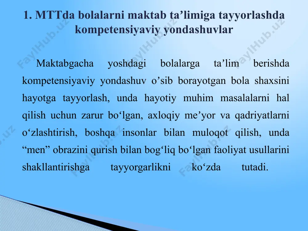 pedagogning mutaxassis sifatida: - aniq maqsad, intilish asosida pedagogik jarayonni takomillashtirish; - pedagogik jarayon samaradorligini, oʻzining ishchanlik faolligini oshirish; - izchil ravishda yangilanib borayotgan pedagogik bilimlarni oʻzlashtirish; - ilgʻor texnologiya, metod hamda vositalardan xabardor boʻlish; - faoliyatiga fan-texnikaning soʻnggi yangiliklarini samarali tatbiq etish; - kasbiy koʻnikma va malakalarini takomillashtirish; - salbiy pedagogik nizolarning oldini olish, bartaraf etish choralarini izlash yoʻlida olib boradigan amaliy harakati uning oʻz ustida ishlashini ifodalaydi. kаsbiy kоmpеtеntsiya – kаsbiy fаоliyatgа оid mаsаlаlаrni аmаliy tаjribа, bilim vа koʻnikmаgа tаyanib muvаfаqqiyatli hаl etа оlishgа qаrаtilgаn fаоliyat. “oʻsimliklar bilan doʻstlashamiz” mavzusida rivojlantirish markazlaridagi faoliyatlarga ishlanma (oʻrta guruh) qurish, kanstruksiyalash va matematika markazi. shakl yasash: “gultuvak yasash” maqsad: taʼlimiy: bolalarga shakllar orqali gullarni oʻstirish uchun gultuvaklar yasashni, shakllarni toʻgʻri joylashtirish koʻnikmasini hosil qilish va ularda mayda qoʻl motorikasini rivojlantirish. tarbiyaviy: tabiatni sevish va oʻsimliklarni parvarish qilishga undash, ularda bir-biriga ishonch va hurmat hissini uyg`otish. rivojlantiruvchi: bolalarga bilish jarayonlarini shakllantirish, diqqat, …