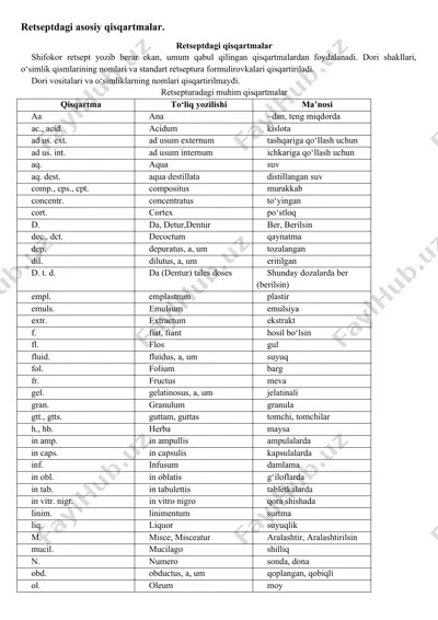 retseptdagi asosiy qisqartmalar — DOC