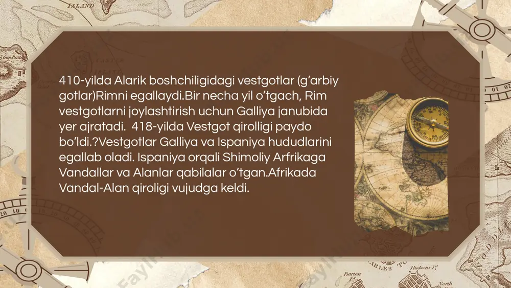 omonidan qo‘zg‘atilgan harakatlar boshqa qabilalarni ham ko‘chishga majbur qildi.?? 4. rim imperiyasining zaiflashuvi?rim imperiyasi, ayniqsa uning g‘arbiy qismi, 4-5-asrlarda zaiflashib, ichki siyosiy va iqtisodiy muammolarga duch keldi. imperiyaning harbiy kuchi kamayib, uni chet el bosqinchilaridan himoya qilish qiyinlashdi. bu zaiflik german va boshqa varvar qabilalarini rim imperiyasi hududlariga bostirib kirishga undadi. rim imperiyasi bosim ostida bo‘lgan paytda ko‘plab qabilalarga o‘z hududlarida yashashga ruxsat berdi, ammo bu jarayon varvar qirolliklarining tashkil topishiga olib keldi.?5. ijtimoiy va iqtisodiy imkoniyatlar izlash?varvar qabilalari rim imperiyasi hududlariga ko‘chib o‘tib, u yerda yaxshiroq iqtisodiy sharoitlar va boylik topish umidida bo‘lganlar. rim imperiyasi ko‘plab resurslarga ega bo‘lib, bu qabilalarni imperiya chegaralariga bostirib kirishga undagan. shuningdek, rim armiyasi tarkibida xizmat qilish imkoniyati ham qabilalar uchun jozibador edi. ba'zi qabilalar rim imperiyasi bilan ittifoq tuzib, "foederati" sifatida yashashga kelishib olgan.? 6. ichki urushlar va raqobat?ba'zi qabilalar o‘zlarining ichki siyosiy inqirozlari va hokimiyat uchun kurash tufayli kuchsizlanib, yangi hududlarga ko‘chishga …