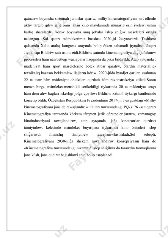 birinshi bolıp, ol iri plan, parallel montaj, keńeytirilgen panorama sıyaqlı ańlatpalı qurallardı qollaǵan. sonıń menen birge, s.eyzenshteyn, ch.chaplin, e. shtrogeym, k. dreyer, k. vidor, r. kler qáwimr da jáhán kinosı rawajlanıwına múnásip úles qosdılar. xx ásirdiń 1-yarımında kino kórkem óneriniń janr sistemasınan kóbirek komediya xarakterindegi hádiyse hám de qorqınıshlı filmler orın aldı. 1920 -jıllardan kinoda túrli stilistik izertlewler boldı. maselen „ekspressionizm“, „poetik kino“, „jasirin kino“ háreketi, „ashiq kino“ hám basqalar. keyin túrli temalar qatarı kino hikayalarg’a bólek itibar berildi. kóbirek málim bir tariyxdi gúrriń etiwshi filmler kóbeydi. urıstan keyingi jıllarda rawajlanǵan mámleketlerdiń aldıńǵı kinematografshilari islegen filmler, ásirese, italiya neorealizmi ekran kórkem óneriniń tiykarın quradı. 1950-jıllardıń aqırları kino kórkem ónerinde kino hám televideniediń óz-ara bir-birine tásiri, bir neshe saat dawam etetuǵın filmler islew sıyaqlı zárúrli ózgerisler júz berdi. áyne bir waqıtta kino kórkem óneri menen baylanıslı teleekran ijodi payda boldı hám rawaj taptı. aziya, afrika, latın amerikası sıyaqlı kóplegen mámleketlerde jańa …
