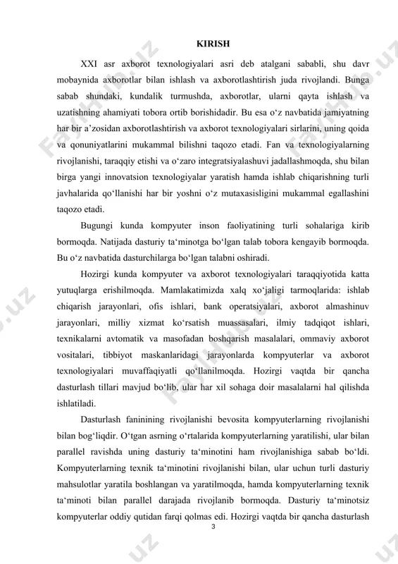 vujudga kelish sabablari, bartaraf etish usullarini o’rganib chiqamiz. kurs ishining dolzarbligi:ushbu kurs ishi hozirgi kunda axborot texnologiyalarida berilgan masalalarni dasturlash tillari orqali yechish va bu dasturlarda yuzaga keladigan favqulotda vaziyatlar ya’ni xatoliklarni bartaraf etish uchun xatoliklar bilan ishlovchi operatorlar, sinflar va ularning vazifalarini o’rganishga olib keladi kurs ishining maqsadi:c# dasturlash tilidan foydalangan holda dastur xatoliklarini bartaraf etishda foydalaniladigan operatorlar, sinflar, metodlar haqida tushuncha olish. ularni qo’llash usullarini o’rganish va shular asosida misollar ishlash. kurs ishining ob’yekti:c# dasturlash tilidan foydalangan holda dasturlarda yuzaga keladigan xatoliklarni bartaraf etish usullari haqida o’quvchilarga ma’lumot berishdan iborat. 1-bob. c# da xatoliklar bilan ishlash 1.1. xatoliklar bilan ishlash tizimi. dasturlash tillarida dastur tuzish jarayonida, xususan c # da dastur buzilishiga olib kelishi mumkin bo’lgan xatoliklarni inobatga olish muhim hisoblanadi. chunki bu dastur foydalanuvchilariga ko’plab noqulayliklar keltirishi mumkin. bunday xatoliklarga misol tariqasida sonni nolga bo’lish, massiv indekslarining chegaradan oshib ketishi, o’zgaruvchi qiymati tip diapazonidan chiqib ketishi kabilarni …
