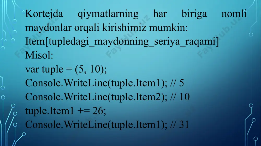 nstruktorlar – bu metodlardir, sinflarni initsializatsilashga imkoniyat beradi. ya’ni konstruktor – bu oddiy (struktura bo’yicha) funksiya, kirish ma’lumotlarini olib, sinf maydonlarini o’zlashtiradi. public struct coordinate { public int x; public int y; public coordinate(int x, int y) { this.x = x; this.y = y; } } public class program { public static void main(string[] args) { coordinate point = new coordinate(10, 20); console.writeline(point.x); //output: 10 console.writeline(point.y); //output: 20 } } c# 9.0 versiyasidan boshlab, "with" kalit so'zi strukturalarda foydalanishga imkon beradi. "with" kalit so'zi, struktura obyektini nusxalash va uning o'zgaruvchilarini o'zgartirishga imkon beradi, ammo asl obyektni o'zgaritirmaydi. bu, kodni qisqa va tushunarli qilishga yordam beradi. person tom = new person { name = "tom", age = 22 }; person bob = tom with { name = "bob" }; bob.print(); // ism: bob yosh: 22 using system; public struct point { public int x; public int y; public point(int x, int …
