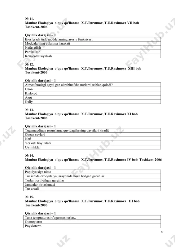 moiy ekologiyaga kirish yu.shodimetov v bob toshkent “o’qituvchi”1994 qiyinlik darajasi – 1 produsent so'zining ma'nosi nima? hosil qiluvchi istemol qiluvchi parchalovchi boshqaruvchi № 22. manba: ijtimoiy ekologiyaga kirish yu.shodimetov vi bob toshkent “o’qituvchi”1994 qiyinlik darajasi – 1 populyatsiya so'zining ma'nosi nima? aholi birikma tuzilma jamoa № 23. manba: ijtimoiy ekologiyaga kirish yu.shodimetov vii bob toshkent “o’qituvchi”1994 qiyinlik darajasi 1 urbanizatsiya .... shaharlashish yuksalish qishloq xo'jaligi rivojlanishi sanoat rivoji № 24. manba: ijtimoiy ekologiyaga kirish yu.shodimetov v bob toshkent “o’qituvchi”1994 qiyinlik darajasi – 1 eroziya ma'nosi yemirilish zanglash buzilish kamayish № 25. manba: ijtimoiy ekologiyaga kirish yu.shodimetov iv bob toshkent “o’qituvchi”1994 qiyinlik darajasi – 1 populyatsiya necha turga bo'linadi? 3 2 5 4 № 26. manba: ijtimoiy ekologiyaga kirish yu.shodimetov ii bob toshkent “o’qituvchi”1994 qiyinlik darajasi – 1 ekologiya alohida fan sifatida qachon vujudga keldi? xxasr boshlarida xix asr xx asr oxiri xviii asr № 27. manba: ekologiya o’quv qo’llanma x.t.tursunov, …