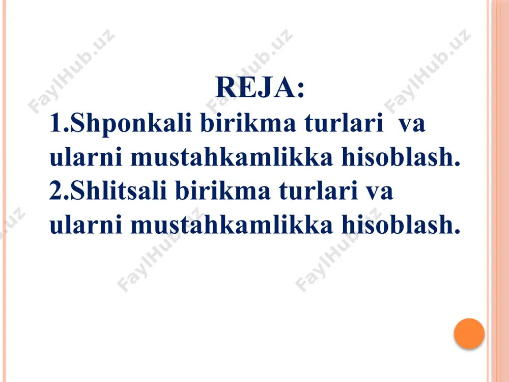 ta burovchi moment uzata oladi; dinamik (zarbli) yuklanishda ishonchliligi yuqori. shlitslar profil shakliga ko’ra, to’g’ri to’rtburchakli, evolventali va uchburchakli bo’lishi mumkin. mashinasozlikda, to’g’ri to’rtburchakli shlitsli birikmalar eng ko’p ishlatiladi. ishlash sharoitiga ko’ra bu birikmalar standartga ko’ra uchta seriyasi mavjud: yengil, o’rta va og’ir, ular bir-biridan shlitslar soni va o’lchamlari bilan farq qiladi. ish jarayonidagi egilish va buralish val va vtulkani tebranma siljishga olib keladi, natijada shlitslarning ishchi yuzalari yeyiladi va eziladi. yuzalarning yeyilishiga chidamliligini hisoblash yetarli o’rganilmaganligi sababli shlitslar asosan ezilishga tekshiriladi. shlitslarning yon tamonlaridagi ezuvchi kuchlanish: σэз = 2t / ( k z h d ўр l ) ≤ [ σэз ] , bu yerda: t–valdagi burovchi moment; do’r–o’rtacha diametr; z –shlitslar soni; h–tishning ichki balandligi; l–shlitsning ichki uzunligi; k–yuklanishning notekis taqsimlanishini hisobga oluvchi koeffitsiyent. bunda: f – faskaning o’lchami. nazorat savollari 1. shponka nima uchun ishlatiladi? 2. mashinasozlikda qanday shponkalar ishlatiladi? 3. shponkalar qanday materiallardan foydalaniladi? 4. shponkani …
