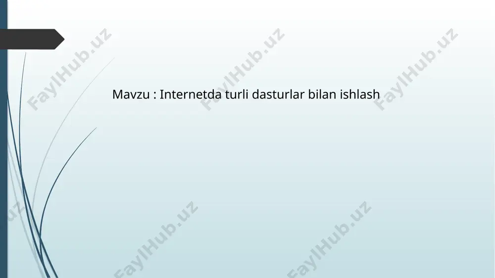 , ma’lumot saqlash , va boshqa funksiyalarni taqdim etadi . dasturlar kompyuterning ishlashini ta’minlash , hisoblashni amalga oshirish , fayllarni boshqarish kabi turli operatsiyalar uchun zarurdir . dasturlarni quyidagi asosiy turlarga ajratish mumkin : 1 tizim dasturlari – operatsion tizimlari ( masalan , windows, linux 0 va tizimni boshqarish dasturlari kiradi . ular kompyuter apparatini boshqarish va boshqa dasturlar uchun sosiy muhit yaratishga xizmat qiladi . 2 dasturiy vositalar – bu dasturchilar tomonidan yangi dasturlar yaratishda ishlatiladigan vositalar , masalan , dasturlash tillari , muharrirlar va kompilyatorlar . 3 ofis dasturlari – bu dasturlar foydalanuvchilarga kundalik ishlarni avtomatlashtirishda yordam beradi . misol uchun , microsoft word , excel , powerpoint kabi dasturlar ma’lumotlarni qayta ishlash , hisobatlar yaratish va taqdimotlar tayyorlashda ishlatiladi . ofis dasturlari biznes jarayonlarini soddalashtiradi va samaradorlikni oshiradi . 4 multimedia dasturlari – ovozli va visual materiallar yaratish va tahrirlash uchun ishlatadigan dasturlar ( masalan , adobe …