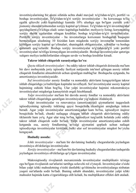 byudjetlar, byudjetdan tashqari jamg'armalar va qarz mablag'lari hisobidan, shuningdek davlat va munitsipal unitar korxonalar va muassasalarning o'z va jalb qilingan mablag'lari hisobidan investitsiya qilinadigan mablag'lar; • xorijiy investitsiyalar - chet el investorlari tomonidan daromad olish maqsadida tadbirkorlik va boshqa faoliyat ob'ektlariga qo'yilgan mablag'lar. chet el investitsiyalarining bir qismi sifatida uchta shakl mavjud: to'g'ridan-to'g'ri, portfel va boshqa investitsiyalar. to'g'ridan-to'g'ri xorijiy investitsiyalar - bu korxonaga to'liq egalik qiluvchi yoki kapitalidagi kamida 10% ulushga ega bo'lgan yuridik yoki jismoniy shaxslar tomonidan xorijiy kapital qo'yilmasi. to'g'ridan-to'g'ri investitsiyalar quyidagilarni o'z ichiga oladi: ustav kapitaliga badallar; moliyaviy lizing; korxonaning xorijiy sherik egalaridan olingan kreditlar; boshqa to'g'ridan-to'g'ri investitsiyalar. portfelli xorijiy investitsiyalar - bu investorlarga korxonani boshqarish huquqini bermaydigan ulushning 10 foizidan kam miqdorda xorijiy investorlar tomonidan kiritilgan xorijiy kapital qoʻyilmalari, shuningdek obligatsiyalar, veksellar va boshqa qimmatli qogʻozlardir. boshqa xorijiy investitsiyalar to'g'ridan-to'g'ri yoki portfel investitsiyalari ta'rifiga kirmaydigan investitsiyalardir. boshqa investitsiyalar qatoriga xalqaro moliya tashkilotlaridan olingan savdo va boshqa …