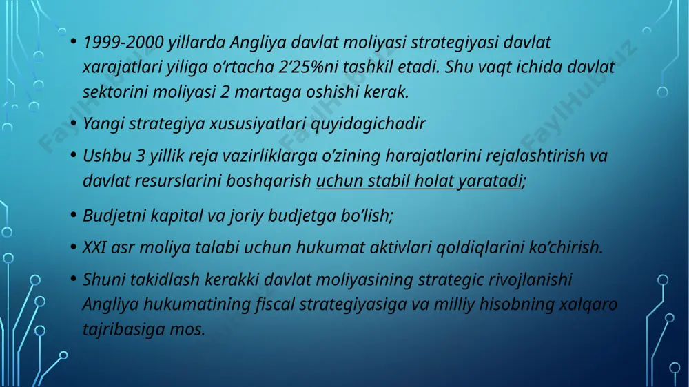 a mahalliy moliyasi va uning tarkibi angliyaning moliyaviy tarkibining uchinchi qismini mhalliy budjet tashkil etadi. ular iqtisodiy vaijtimoiy rivojlanishga umumdavlat va mahalliy moliya resurslarini jalb etadi. angliyada mahalliy hukumat 4 asosiy daromad manbai markaziy hukumat subsidiyalari uy-joy solig’i xarakatlanuvchi mulk tariflari va litsenziyalar sotishdan tushgan daromadlar soliqlar 75% xarajatlar mamlakat subsidiyalari tomonidan moliyalashtiriladi xarakatlanuvchi mulk tariflari harakatlanuvchi mulk egalaridan olinadigan soliqlar demakdir. bu mulk narxi xar 5 yilda qayta baholanadi. tariflar markaziy hukumat tomonidan o’rnatiladi. angliyada ko’chmas mulk soliqqa tortiladi, yosh bolalari 2 tadan kop uylarga chegirmalar bor, kam ta’minlangan fuqorolarga soliq 100% gacha chegirilishi mumkin. 1997-1998-yillar mahalliy hukumat harajatlari 76900 mln angliya funt sterlingini tashkil etgan. bu davlat harajatlarining ¼ qismiga tog’ri keladi. mahalliy moliya budjeti tashqaridagi fondler hisobidan ham shakillanishi mumkin. angliya moliyasining oxirgi qismi davlat tashkilotlari moliyasidir. davlat karporatsiyalari, tashkilotlari va boshqalar. buyuk britaniya daromadlar va harajatlar tizimi angliyada davlat daromadlarining bosh manbai soliqlardir daromad solig’i kapital …
