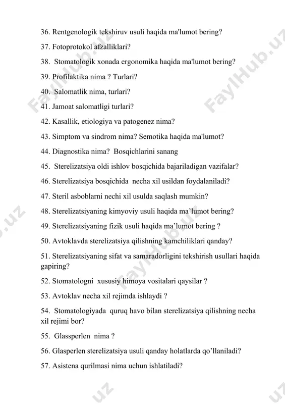 ik tibbiy xarita(karta) nima va unda qanday ma’lumotlar bo’ladi? 2. 3. shtopfer -gladilka qachon va nima uchun ishlatiladi? 4. eod tekshiruv haqida ma’lumot bering? normada sog’lom tish eod tekshiruvda necha mka ga javob reaksiya bildiradi? 5. pinset bilan tish qimirlash darajalarini farqlang?(i,ii,iii) fan mas’uli: musayeva s.t. hayitova m.a. kafedra mudiri: xudoyqulov b.q. 4-variant 1. stomatologik tibbiy xarita(karta) nima va unda qanday ma’lumotlar bo’ladi? 2. sterelizatsiyaning sifat va samaradorligini tekshirish usullari haqida gapiring? 3. black bo’yicha karies klassifikatsiyasini sanab bering? 4. sut tishlarining tish formulalarini tafsirlab bering? 5. stomatklogik pinsetni ta'riflang fan mas’uli: musayeva s.t. hayitova m.a. kafedra mudiri: xudoyqulov b.q. 5-variant 1. bor mashina turlari, qanday tezlikda ishlashi haqida ma'lumot bering? 2. sterelizatsiyaning fizik usuli haqida ma’lumot bering ? 3. elelktroodontodiagnostika nima? 4. sut tishlarining tish formulalarini tafsirlab bering? 5. stomatologik ko'zgu haqida ma'lumot bering fan mas’uli: musayeva s.t. hayitova m.a. kafedra mudiri: xudoyqulov b.q. 6-variant 1. stomatologik tekshiruv o'tkazishda …