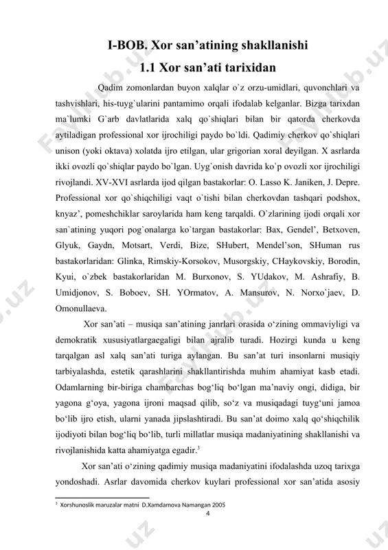 hab o‘z ijodida ko‘p ovozli asarlar yaratib kelgan – j.palestrina, o.lasso, k.janeken kabi polifonist-kompozitorlar o‘z hissalarini qo‘shdilar. davr taqozosi bilan madaniyatlar yaqinlashuvi asrlardan-asrlarga o‘tib, bir-biriga ta’sir ko‘rsata boshlagan. xususan, o‘zbekiston madaniyatiga g‘arb mamlakatlari, ayniqsa, rossiyadagi madaniy o‘zgarishlar bevosita singib kelavergan. buni inkor etib bo‘lmaydi, shu sababli mazkur madaniyatlar haqida ham ma’lum bir tushunchalarga ega bo‘lib olishimiz darkor. g‘arb mamlakatlarida xor ijrochiligi. ma’lum bir davrdan so‘ng xor san’atida yana bir o‘zgarish paydo bo‘lib, yirik asarlar – kantata, oratoriyalar mualliflari sifatida – i.s.bax, g.gendel, k.glyuk ijodi, keyinchalik meyerber, j.verdi, shu bilan birga f.shubert, b.mendelson, r.shuman kabi romantik kompozitorlar ijodida kamer xor musiqasi rivoj topdi. shu davrda qo‘shiq sevadiganlar xor jamoalari «lidertafel’» (nemischa so‘z bo‘lib, «yetakchi qo‘shiqchi» ma’nosini anglatadi. germaniya, avstriya va shveytsariya davlatlarida keng rivojlangan) va «orfeon» (fransuzcha «xor sevuvchilar jamoasi» 1818-yilda parijda g.vilemom rahbarligida) paydo bo‘lgan. xor san’atining cherkov musiqa san’atidan asta-sekin tashqariga chiqishi, opera teatrlarining shakllanishi, xix asrdagi milliy kompozitorlik …