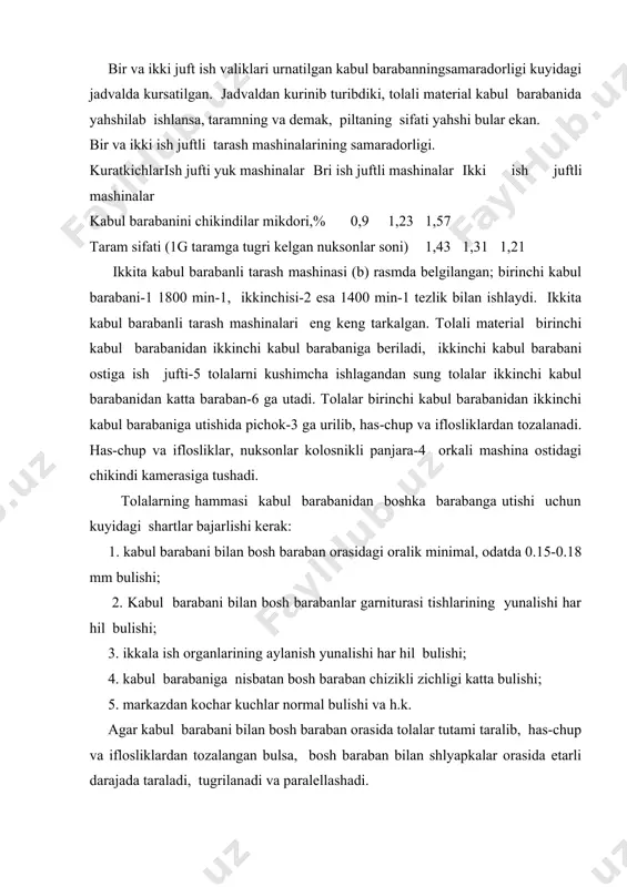anning sirtiga urinma bulib yunalgan, chunki baraban bilan shlyapka orasidagi (razvodka) oralik juda kichkina. reakciya kuchi q tolalarni ignalarga sikib turishdan ular orasidagi ishkalanish kuchi t hosil buladi: t = (k * cos + f * sin ) bu erda, - ishkalanish koefficienti. u vaktda teng ta`sir kiluvchi kuch s kuyidagicha topiladi: s = k * sin - cos - f (k cos + fsin ) lekin, m = tg , shuning uchun sin( –  ) sos( –  ) s = k ------------ - f ------------- cos cos  s - kuch tolalarni baraban garniturasiga kiritishga harakat kiladi; uning kiymati cos( -  ) = 1, bulganda minimal buladi. bunda f -  = 0 yoki =  . bu holda tenglamaning birinchi hadi: sin( – ) k = ----------- = 0 buladi cos bu shuni kursatadiki, k ning istalgan kiymati tolalar gar- nituralar orasiga kirmaydi. agar = …