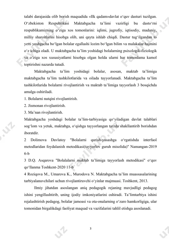 ni qurish-yasashga o‘rgatishda interfaol metodlaridan foydalanish metodikasi(tayyorlov guruh misolida)" namangan-2019 6-b 3 d.q. asqarova "bolalalarni maktab ta’limiga tayyorlash metodikasi" o‘quv qo‘llanma toshkent-2020 11-b 4 roziqova m., umarova k., murodova n. maktabgacha ta’lim muassasalarining tarbiyalanuvchilari uchun rivojlantiruvchi o‘yinlar majmuasi. toshkent, 2013. ilmiy jihatdan asoslangan aniq pedagogik rejaning mavjudligi pedagog ishini yengillashtirib, uning ijodiy imkoniyatlarini oshiradi. ta’limtarbiya ishini rejalashtirish pedagog, bolalar jamoasi va ota-onalarning o‘zaro hamkorligiga, ular tomonidan birgalikdagi faoliyat maqsad va vazifalarini tahlil etishga asoslanadi. o‘zbekiston respublikasining maktabgacha ta’limga qo‘yiladigan davlat talablari, bolalarni qisqa muddatli guruhlarda maktabga tayyorlash «ilk qadam» davlat o‘quv dasturi pedagoglar uchun yangi imkoniyatlarni vujudga keltiradi, maktabgacha ta’lim tashkilotlarida ta’lim jarayonini tashkil etishda qo‘llanayotgan eski shakl va uslublarni qayta ko‘rib chiqishga undaydi, pedagogik tashabbus, tajriba va ijodga keng yo‘l ochadi. maktabgacha yoshdagi bolalarga ta’lim-tarbiya berishning asosiy maqsad va vazifalari bolalarni jismoniy va aqliy jihatdan rivojlantirish, ularning ruhiyat, shaxsiy qobiliyatlari, intilish va ehtiyojlarini qondirish, milliy va umuminsoniy qadriyatlarga, mustaqillik …