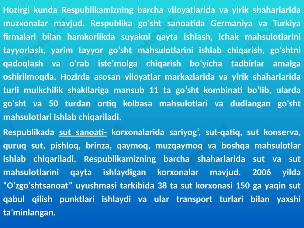 hahrisabz va boshqa korxonalarda o‘nlab konserva zavodlari qurildi. konserva korxonalari asosan “o‘zmevasabzavotuzumsanoat” uyushmasi tarkibiga kiradi. 2005 yilda respublikada 22 ta konserva korxonalari, 3 ta meva qoqi va quritilgan sabzavotlar ishlab chiqaradigan korxonalar bor. o‘zbekistondan germaniya, polsha, italiya, malayziya, yaponiya va hamdo‘stlik davlatlariga turli meva va sabzavotlar konservalari, pomidor pastasi mayiz, turli xil qoqilar eksport qilinadi, ya’ni har yili 35 mln shartli banka konserva 1450 tonna quritilgan meva chetga chiqariladi. keyingi yillarda jamoa xo‘jaliklarida kichik konserva zavodlari va sexlar ishga tushirildi. kichik va o‘rta biznesni rivojlantirilishi qishloq xo‘jaligi mahsulotlarini qayta ishlaydigan kichik korxonalarini qurish va mahalliy xom ashyolarni iste’molchilar talabini qondiradigan maxsulotlar ishlab chiqarilmoqda. oziq-ovqat sanoatining yetakchi tarmog‘i vino ishlab chiqarishdir. bu tarmoq uchun hamma respublikada boy xom ashyo resurslari mavjud, ya’ni xilma-xil uzum navlarini boyligidir. respublikada tayyorlangan uzum mevalari o‘z mazasi, hidi va boshqa xususiyatlari bilan nafaqat mamlakatimizda balki xorijda nom chiqargan. respublika vino zavodi bir yilda 25 mlndan vino-aroq …