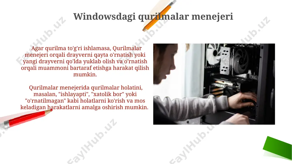 i darajada talab qilishi mumkin. ba'zi uchinchi tomon dasturlari o'z ichiga bir nechta drayverlarni, masalan, 3-5 ta, oladi va bu o'rnatish jarayonini murakkablashtirishi mumkin. tizimni qayta ishga tushirish ba'zi hollarda, drayverlarni o'rnatgandan so'ng, windows 10 yoki 11 kabi operatsion tizimlar avtomatik ravishda qayta ishga tushirilishini talab qilishi mumkin. bu jarayonni to'xtatish mumkin emas, chunki u drayverlarning to'g'ri ishlashini kafolatlaydi. agar tizim qayta ishga tushirilgandan so'ng ham yangi qurilma aniqlanmasa, device manager (qurilmalar menejeri) da xato kodlari yoki boshqa muammolarni tekshiring va kerakli drayverlarni qo'lda o'rnating yoki yangilang. drayvlarni qo'lda o'rnatish drayvlarni qo'lda o'rnatishda, avval qurilmangizning aniq modelini va operatsion sistemasini aniqlash muhim, chunki 64-bit va 32-bit tizimlar uchun turli drayvlar mavjud. ba'zi hollarda, drayvlarni ishlab chiqaruvchining rasmiy veb-saytidan yuklab olish va .exe faylini ikki marta bosish orqali o'rnatish mumkin, bu jarayon taxminan 5-10 daqiqa davom etadi. eski drayvlarni yangilash drayverlarni yangilashdan oldin, hozirgi versiyani yozib oling va zaxira nusxasini yarating. …