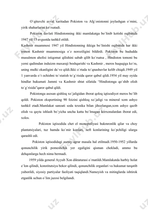 ati taqiqlandi.namoyish va mitinglarda ishtirok etganlik uchun o`lim jazosi belgilandi. biroq 1969 yil mart oyida siyosiy tanglik kuchaygan bir sharoitda president ayyub xon iste`foga chiqdi va hokimiyatni armiya generali yahyoxonga topshirdi.ammo u ham nizolarni bartarag qila olmadi. harbiy mag`lubiyat harbiy rejimning yo`q bo`lishi hukumat tepasiga zulfiqor alixon bxutto rahbarligidagi pokiston xalq portiyasining kelishiga sabab bo`ldi. 1977 yil 5 iyulda navbatdagi harbiy to`ntarish yuz berdi va hokimiyat general ziyoulhaq qo`liga o`tdi.yangi ma`muriyat konstitutsiyani bekor qildi, parlamentni tarqatib yubordi va pxt tarafdorlarini ta`qib qila boshladi.z.bxutto qatl qilindi. qo`shni afg`onistondagi sovet qo`shinlarining kiritilishi bilan bog`liq voqealar aqsh rejasiga ko`ra pokistonning harbiy platsdarmi sifatidagi ahamiyatini oshirdi. pokistonda qochoqlar uchun lager tashkil etildi va u afg`on jangarilari uchun tayanch bazasiga aylandi. 1988 yil 17 avgustda gen. ziyoulhaq aviatsiya falokatida halok bo`ldi va senat raisi g`ulom ishoq xon prezidentlik lavozimini egalladi.1988 yil 16 noyabrda umumxalq parlament saylovlari bo`lib o`tdi. asosiy kurash pxt va pokiston musulmon ligasi …