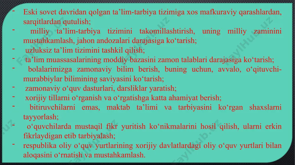 lgilanadi. maktabgacha ta’lim va tarbiya bolalarni o‘qitish va tarbiyalashga, ularni intellektual, ma’naviy-axloqiy, yetik, estetik va jismoniy jihatdan rivojlantirishga, shuningdek bolalarni umumiy o‘rta ta’limga tayyorlashga qaratilgan ta’lim turidir. maktabgacha ta’lim va tarbiya olti yoshdan yetti yoshgacha bo‘lgan bolalarni boshlang‘ich ta’limga bir yillik majburiy tayyorlashni ham nazarda tutadi. (“ta’lim to’g’risida”gi qonunning 8-moddasi) umumiy o‘rta va o‘rta maxsus ta’lim umumiy o‘rta ta’lim (i — xi sinflar) bosqichlari quyidagilardan iborat: boshlang‘ich ta’lim (i — iv sinflar); tayanch o‘rta ta’lim (v — ix sinflar); o‘rta ta’lim (x — xi sinflar). boshlang‘ich ta’lim ta’lim oluvchilarda umumiy o‘rta ta’limni davom ettirish uchun zarur bo‘lgan savodxonlik, bilim, malaka va ko‘nikmalar asoslarini shakllantirishga qaratilgan. tayanch o‘rta ta’lim o‘quv dasturiga muvofiq ta’lim oluvchilarga bilim, malaka va ko‘nikmalarning zaruriy hajmini beradi, ularda mustaqil fikrlash va tahlil qilish qobiliyatini rivojlantiradi. tayanch o‘rta ta’lim doirasida (vii sinfdan so‘ng) ta’lim oluvchilarda kasblar bo‘yicha birlamchi bilim va ko‘nikmalarni shakllantirish uchun ularni professional tashxislash va kasb-hunarga …