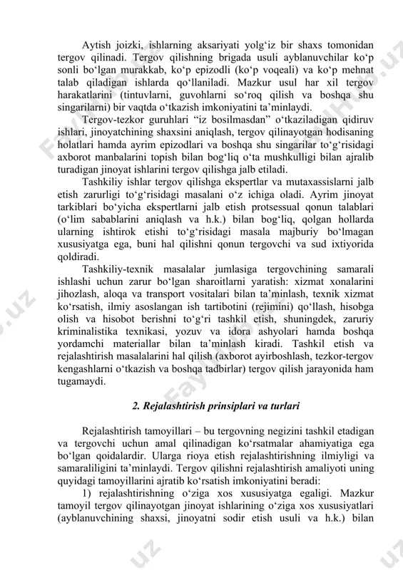 silmasdan” o‘tkaziladigan qidiruv ishlari, jinoyatchining shaxsini aniqlash, tergov qilinayotgan hodisaning holatlari hamda ayrim epizodlari va boshqa shu singarilar to‘g‘risidagi axborot manbalarini topish bilan bog‘liq o‘ta mushkulligi bilan ajralib turadigan jinoyat ishlarini tergov qilishga jalb etiladi. tashkiliy ishlar tergov qilishga ekspertlar va mutaxassislarni jalb etish zarurligi to‘g‘risidagi masalani o‘z ichiga oladi. ayrim jinoyat tarkiblari bo‘yicha ekspertlarni jalb etish protsessual qonun talablari (o‘lim sabablarini aniqlash va h.k.) bilan bog‘liq, qolgan hollarda ularning ishtirok etishi to‘g‘risidagi masala majburiy bo‘lmagan xususiyatga ega, buni hal qilishni qonun tergovchi va sud ixtiyorida qoldiradi. tashkiliy-texnik masalalar jumlasiga tergovchining samarali ishlashi uchun zarur bo‘lgan sharoitlarni yaratish: xizmat xonalarini jihozlash, aloqa va transport vositalari bilan ta’minlash, texnik xizmat ko‘rsatish, ilmiy asoslangan ish tartibotini (rejimini) qo‘llash, hisobga olish va hisobot berishni to‘g‘ri tashkil etish, shuningdek, zaruriy kriminalistika texnikasi, yozuv va idora ashyolari hamda boshqa yordamchi materiallar bilan ta’minlash kiradi. tashkil etish va rejalashtirish masalalarini hal qilish (axborot ayirboshlash, tezkor-tergov kengashlarni …