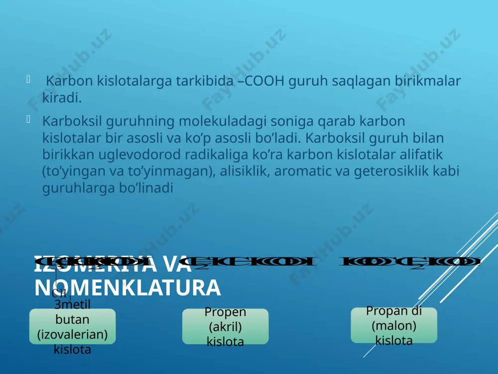 i modda hisoblanadi. vaziyatga doir masalalar 1. propil asetat —nok efiri bo’lib , maxsus hidga ega. a) uning formulasini yozing b) olinish usullarini yozing. 2. etil oktanat– mango hidli komponent. a) uning formulasini yozing b) olinish usullarini yozing. 3. odam organizmida karbon kislotalarning ko’pgina reaksiyalari tioefirlar ishtirokida kechadi. masalan, xolinning asetilxolinga o’tishi, shovul sirka kislotasi va asetilkofermentidan limon kislotasining hosil bo’lishida. a. xolinning asetilxolinga o’tish reaksiyasini yozing, reaksiya mexanizmini tushintiring, nima sababdan tabiat bu reaksiyada murakkab efirlarni emas, balki tioefirlarni substrat yoki reagent sifatatida tanlaganini izohlang. grafik organayzer alifatik karbon kislotalar geterosiklik aromatik alisiklik adabiyotlar karen c. timberlake «an introduction to general, organic, and biological chemistry» tyukavkina n.a., baukov yu.i. bioorganicheskaya ximiya. m.; meditsina, 1991. «rukovodstvo k laboratornim zanyatiyam po organicheskoy ximii» pod redaktsiey tyukavkinoy n.a. drofa. m. 2003. «organicheskaya ximiya» pod redaktsiey tyukavkinoy n.a. drofa. m. 2003. slesarev v.n. osnovi ximii jivogo. ximizdat. sankt-peterburg. 2000. grandberg i.i. organicheskaya ximiya. …