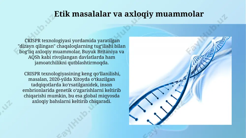 alassemiya kasalligini davolashda 90% muvaffaqiyatga erishishdi, bu o‘zbekiston uchun ham istiqbolli. genom tahriri texnologiyalaridagi yangi yutuqlar genom tahriri texnologiyalarining rivojlanishi tufayli, aqshda 2025-yilga kelib, kamida 5 ta turli xil irsiy kasalliklarni davolash uchun crispr asoslangan terapevtik vositalar klinik sinov bosqichidan o'tdi. crispr-cas9 ning takomillashtirilgan versiyalari, masalan, base editing, 2023-yilda oksford universitetida o'tkazilgan tadqiqotlarda saraton hujayralarini aniqroq nishonlash imkoniyatini ko'rsatdi. oiv infektsiyasini davolash germaniyada olib borilgan tadqiqotlar shuni ko'rsatdiki, crispr texnologiyasi yordamida oiv infektsiyasiga chalingan 15 ta hujayrada virusning dnk integratsiyasini 75% ga kamaytirishga erishildi. crispr texnologiyalaridan foydalanib, oiv infektsiyasiga chalingan 30 nafar bemor ustida o'tkazilgan klinik sinovlarda, aqshning kaliforniya shtatida 5% gacha bo'lgan virus yukining kamayishi kuzatildi. crispr texnologiyasi nima? crispr-cas9 tizimi, dnkning maqsadli joylariga qo'shilish yoki o'chirish orqali, masalan, saraton hujayralarini yo'q qilish yoki genetik kasalliklarni tuzatish kabi, genetik materiallarni o'zgartirish imkonini beradi. crispr texnologiyasi, dnkdagi ma'lum bir joylarni aniqlash va tahrirlash imkonini beruvchi, kashf etilganidan beri 2012 yildan …