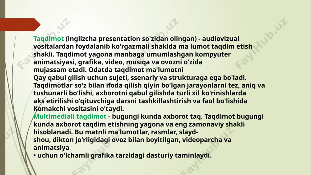 a olishni xohlashimizni oydinlashtirib olishimiz lozim. taqdimotni auditoriyaga yetkazib berishda uning tuzilishiga ham alohida e’tibor qaratish kerak. taqdimot tuzilishi uchun “uch qismli struktura” (kirish, asosiy qism, xulosa) yoki “besh qismli struktura” (kirish, muammo, yechim, foyda, xulosa) kabi keng tarqalgan metodologiyalarni qo’llash maqsadga muvofiq. konsaltingda keng qo’llaniladigan uslubga ko’ra esa, taqdimotni joriy vaziyatni tasvirlash bilan boshlash, mavjud muammolar va ularning yechimlariga oid savollarni qo’yish hamda bu savollarga javoblar taqdim etish bilan yakunlash mumkin. taqdimot berish jarayoni taqdimot jarayonini to’g’ri tashkil etish keyingi o’ylab qo’yish kerak bo’lgan mavzulardan biri hisoblanadi. taqdimotning davomiyligi, slaydlar soni, boshlash va olib borish tarzi, savollar uchun ajratilgan vaqt kabi omillarni oldindan belgilab olish kerak. slaydlarni tayyorlashda “10/20/30 qoidasi"ga amal qilish, ya’ni 10 ta slayd, 20 daqiqa davomiylik va 30 shriftli matndan foydalanish tavsiya etiladi. bu tinglovchilar uchun qulay va tushunarli bo’ladi. ba’zida taqdimotchi o’z hikoyasini uzoqdan boshlab uni kulminatsiyaga olib kelguncha auditoriyasini “yo’qotib” qo’ygan hollar ham uchrab …