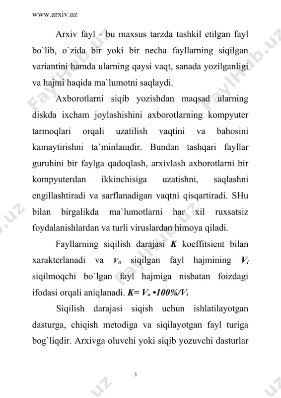 1. ms dos sistemasining komandalar kiritish qatori orqali boshqarish: ya`ni arxivator nomi va ulchamlari klaviatura orqali kiritiladi. bular arj, zip, rak, lha arxivatorlardir. masalan: eng ko`p ishlatiladigan arj dasturi quyidagi komanda orqali ishga tushiriladi. arj.exe komanda» [«kl1», «kl2»] «arxiv nomi» «fayllar nomi». 2. dasturning ishga tushirilishi bilan ekranda paydo bo`luvchi muloqot oynalari, panellari orqali boshqarish. bu holatda asosan menyular va funktsional klavishlar ishlatiladi. o`z o`zidan bu albatga foydalanuvchi uchun qulay va keng imkoniyatdir. rar arxivatori shular jumlasidandir. rar - arxivatori ikki xil tartibda ishlaydi. 1) komandalar qatori orqali, 2) muloqot oynasi orqali. dastur s: \> rar komandasi orqali ishga tushadi. natijada ekranda ikki ramkali oyna paydo bo`ladi. o`ng panel xotira va o`rnatish bo`limidan iborat bo`ladi. chap panel esa joriy katalogdagi ichki katalog va fayllar ruyxatini tashkil etadi. 2. hozirgi paytda kompyuterlarda axborotlarni uzatuvchi va saqlovchi bo`lib asosan magnit disklar xizmat qiladi. kompyuter ishlashi jarayonida tezkor xotira qurilmasi va magnit disklar …