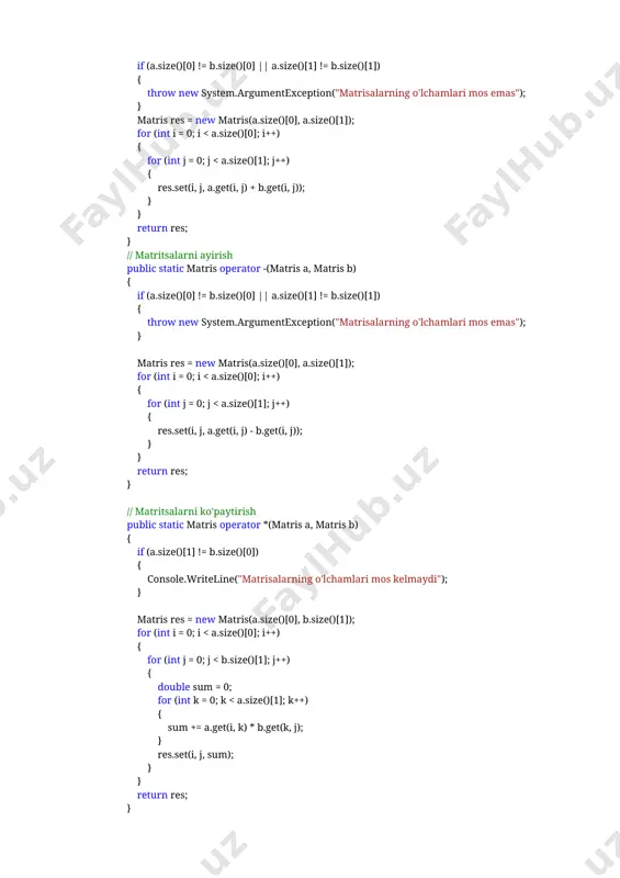 l = int.parse(textbox2.text); farzin.m = int.parse(textbox3.text); farzin.n = int.parse(textbox4.text); bool b=false; shaxmattaxtasi(farzin.k, farzin.l, farzin.m, farzin.n); if (farzin.k == farzin.m || farzin.l == farzin.n) b=true; if(farzin.k + farzin.l == farzin.m + farzin.n || farzin.k- farzin.l == farzin.m - farzin.n) b=true; if(b) messagebox.show($"farzin ({farzin.k},{farzin.l}) katakdan ({farzin.m},{farzin.n}) katakka o'ta oladi."); else messagebox.show($"farzin ({farzin.k},{farzin.l}) katakdan ({farzin.m},{farzin.n}) katakka o'ta olmaydi. ({farzin.m},{farzin.n}) " + $"katakka o'tish uchun ({farzin.k},{farzin.n}) katakka o'ting. "); } class sha_t : sha_t { public int k { get; set; } = 0; public int l { get; set; } = 0; public int m { get; set; } = 0; public int n { get; set; } = 0; } } } 4. umumlashgan sinf 2. kompleks sonlar ustida arifmetik amallarni bajaruvchi umumlashgan kompleks sinfi yaratilsin. using system; using system.collections.generic; using system.componentmodel; using system.data; using system.drawing; using system.linq; using system.text; using system.threading.tasks; using system.windows.forms; namespace _4._2umumlashgan_sinf { public partial class form1 : …