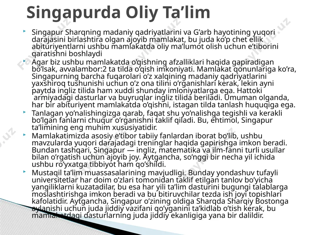 universitetida til kurslarini olishi mumkin, ammo ingliz tili mamlakatning to’rtta rasmiy tillaridan biri bo’lgani uchun siz xoxlagan til kurslariga qatnashingiz mumkin. singapur janubiy-sharqiy osiyoda joylashgan, 719.9 km.kv maydonga, 6 million aholiga ega mitti orol davlat. “bojxona amaldorlari kontrabanda va taqiqlangan mahsulotlarni tashiydigan transport vositalarini tekshirishni tezlashtirish uchun pora olardi, – degandi li kuan yu o‘sha vaqtdagi vaziyat haqida. – markaziy ta’minot xizmati xodimlari muayyan pul evaziga manfaatdor shaxslarga tenderga kelib tushgan arizalar haqida ma’lumot berardi. import-eksport departamenti amaldorlari ruxsatnomani tezlashtirib bergani uchun pora olardi. tekshiruvchilar kamchiliklarga ko‘z yumishlari uchun pudratchilar ularga pora taklif qilardi. do‘kondorlar va uy egalari axlatni olib ketgani uchun jamoat sog‘liqni saqlash departamentiga haq to‘lardi. maktab direktori va o‘qituvchilari kanselyariya mahsulotlari keltiruvchilaridan foiz olardi. hokimiyat tizginidan shaxsiy manfaat yo‘lida foydalanishga o‘tilganida inson ixtirochilik qobiliyatining chegarasi yo‘qoladi”. “agar biz boshqarayotgan davlat hokimiyati ko‘pchilikning hayotini yaxshilash emas, kamchilikning cho‘ntagini qappaytirish payida bo‘lsa, ahvolimiz chatoq bo‘ladi”, degandi li kuan yu. …