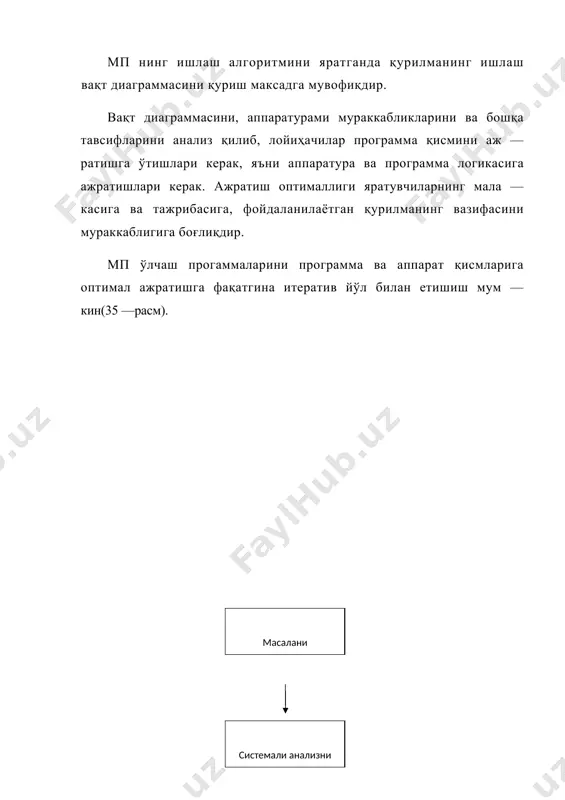 "қаттиқ" ёки эгилувчан логикада ўлчаш қурил маларини барпо этишга шарт — шароитларни билса бўлади. адабиётлар: 1.микропроцессоры 1-2-3 под ред. проф. л.н. преснухина. м. 1986 2.алексеенко и др. проектирование радиоэлектронной аппаратуры на микропроцессорах. м. 1984 3.проектирование микропроцессорных измерителных приборов и систем. в.д. циделко и др. киев, техника 1984. 4.в.в. майоров. гаврилов а.и. практический курс програмирования мп систем. м. машиностроение 1989. 5. с. т. хвош и др. микропроцессоры и микро эвм в системах автоматического упраления. масалан, қаттиқ логикада қурилмаларни яратиш учун қуйидаги шартлар бажарилиши керак: бажариладиган вазифалар жуда кам бўлиши; кириш/чиқиш қурилмаси биттадан каналга эга бўлиши; юқори тезлик талаб этиладиган бўлса; ҳар бир аниқ ҳолатда система битта вазифани (функцияни) бажарадиган бўлса; ва ш. ўхш. микропоцессорни қўллашнинг ютуғи қуйидаги ҳолатлар ҳаққоний бўлсагина амалга оширилади: · программа усулларини қўллаш йўли билан системани кейин — чалик модернизациялаш назарда тутилса; · бир канча маълумотларни киритиш талаб этилса; · амалларни кўп марта бажариш кераклиги содир бўлса ва …