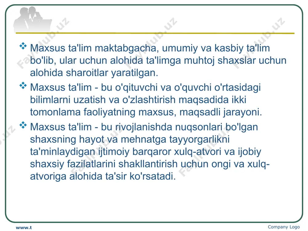 ной работы birinchi tamoyil - tuzatish va rivojlanishning birligi. bu shuni anglatadiki, tuzatish ishlariga ehtiyoj to'g'risidagi qaror faqat bolaning rivojlanishining ichki va tashqi sharoitlarini psixologik-pedagogik tahlil qilish asosida qabul qilinadi. ikkinchi tamoyil - yosh va individual rivojlanishning birligi. bu uning yoshi rivojlanishi kontekstida bolaga individual yondashuvni anglatadi. tuzatish ishlari ma'lum bir modelga, rivojlanish normasiga yo'naltirilgan bo'lishi kerak, lekin har bir bolani hozir, hozirgi vaqtda ushbu mezonga "moslashtirish" maqsadi bo'lmasligi kerak. company logo www.themegallery.com company logo принципы коррекционной работы uchinchi tamoyil - tashxis va rivojlanishni tuzatishning birligi. tuzatish ishlarining vazifalari faqat to'liq tashxis qo'yish va bolaning proksimal rivojlanish zonasi asosida aniqlanadigan rivojlanishning bevosita ehtimolli prognozini baholash asosida tushunilishi va belgilanishi mumkin. tuzatish va rivojlanish bir-biriga bog'liqdir. to'rtinchi tamoyil - tuzatishni amalga oshirishning faoliyat printsipi. ushbu tamoyil rivojlanishning harakatlantiruvchi kuchi bolaning faol faoliyati ekanligini, har bir bosqichda ma'lum bir davrda bolaning rivojlanishiga eng ko'p hissa qo'shadigan etakchi faoliyat mavjudligini tan olishga asoslanadi. …