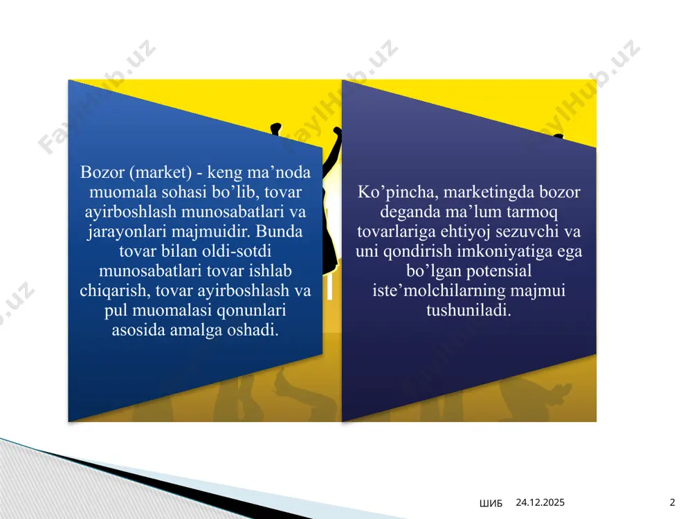 etilayotgan tovarlar va xaizmatlar orasidan hohlaganini tanlash imkoniyatiga ega. “sotuvchi bozori” - unda tovarga bo’lgan talab taklifdan oshib ketadi. bunday bozorda sotuvchi hukmronlik qiladi, xaridorning esa faol ishtirokchi bo’lishiga to’g’ri keladi. bunday holatda “pul tovar orqasidan yuguradi”. 27.09.2023 шиб 7 bozor kon’yunkturasi ma’lum bir vaqtda, ma’lum bir hududda talab bilan taklif o’rtasidagi nisbatdir 27.09.2023 шиб 8 marketingda esa bozor konyunkturasi deganda belgilangan vaqtda maqsadli bozorda vujudga keladigan iqtisodiy shart-sharoitlar majmuasi tushuniladi. bozor konyunkturasini o’rganish zarurati quyidagilarga bog’liq bo’ladi: 1) odatda bozorning sig’imi, segmentlanishi va talab qayishqoqligi o’zgarib boradi, shu sababli ularning monitoringini amalga oshirish lozim; 27.09.2023 шиб 9 2) bozordagi omillar kompleks ravishda ta’sir o’tkazishi sababli ularni alohida o’rganish tegishli samara bermaydi; 3) bozor to’g’risidagi ma’lumotlar odatda retrospektiv xarakterga ega, shu sababli rejalashtirish uchun maxsus usullar talab qilinadi. 27.09.2023 10 шиб kon’yunktura vazifalari siyosiy sharoitlarni tahlil qilish tabiiy sharoitlarni tahlil qilish ijtimoiy sharoitlarni tahlil qilish demografik sharoitlarni tahlil qilish iqtisodiy …