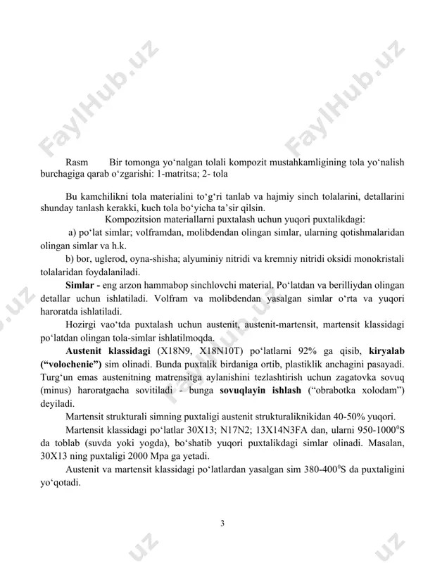 austenitning matrensitga aylanishini tezlashtirish uchun zagatovka sovuq (minus) haroratgacha sovitiladi - bunga sovuqlayin ishlash (“obrabotka xolodam”) deyiladi. martensit strukturali simning puxtaligi austenit strukturaliknikidan 40-50% yuqori. martensit klassidagi po‘latlar 30x13; n17n2; 13x14n3fa dan, ularni 950-10000s da toblab (suvda yoki yogda), bo‘shatib yuqori puxtalikdagi simlar olinadi. masalan, 30x13 ning puxtaligi 2000 mpa ga yetadi. austenit va martensit klassidagi po‘latlardan yasalgan sim 380-4000s da puxtaligini yo‘qotadi. austenit-martenit klassidagi 20x15n5am3 po‘lat puxtaligini 480-5000s da ham ushlab turadi. sovuq holda kiryalash (80%) bilan uning puxtaligini ancha oshirish mumkin: 3200 mpa. puxtalanish simning diametriga bog‘liq: diametr kichiklashishi bilan puxtalanish ortadi. volfram va molibden olingan simlar. volfram va molibdendan hamda ularning qotishmalaridan olingan simlar, asosan kukun metallurgiyasi usulida olinadi. oxirida kiryalanadi. volfram simlarini olishda qo‘shimcha sifatida oksidlar tho2; sio2; la2o3 lar ishlatiladi. bu volfram simini mustahkamligini yetarli darajada ushlab turadi. oldin diametri 2,75 mm bo‘lgan shtabiklar olinadi: po‘lat formada, bosim r=4-6 ts/sm2 da, gidropresslarda, 30000s haroratda termik …