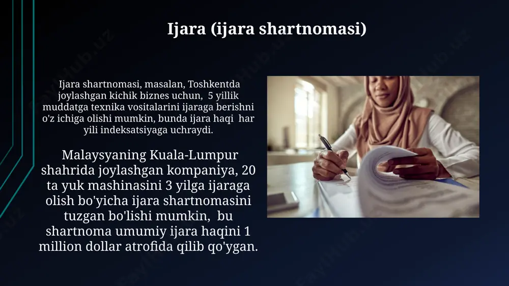 n juda mashhur hisoblanadi. murabaha shartnomasi bo'yicha tovar yoki xizmatning sotish narxi 2023-yilda o'zbekistonda o'rtacha 15% gacha oshirilishi mumkin, bu esa foiz stavkalariga alternativa sifatida qaraladi. istisna’a (buyurtma asosida ishlab chiqarish) istisno’a shartnomasi bo‘yicha buyurtmachi tovar yoki xizmatni aniq miqdor va sifatda, masalan, 1000 dona to‘qima mahsulotini samarqand shahridagi korxonadan buyurtma qilishi mumkin. istisno’a orqali 2023 yilda o‘zbekistonda 5 million aqsh dollari miqdorida metall konstruktsiyalar ishlab chiqarishga buyurtma berilgan bo‘lib, bu mamlakat iqtisodiyotini rivojlantirishga hissa qo‘shdi. musharakah (umumiy sherikchilik) мушаракадаги шерикларнинг фойда ва зарарлари уларнинг капиталга қўшган ҳиссаларига мутаносиб равишда тақсимланади, масалан, 70/30 нисбатида малайзиядаги бир лойиҳада. 2023 йилдаги маълумотларга кўра, жанубий африкадаги мушарака асосидаги тадбиркорлик лойиҳаларининг сони 15% га ошган. islom moliyasi nima? islom banklari, 1970-yillardan boshlab, anʼanaviy banklarga alternativa sifatida paydo boʻlib, taqlid qilish, garov va spekulatsiyadan qatʼiyan voz kechishadi. islom moliyasi saudiya arabistoni, malayziya va baa kabi ko'plab musulmon mamlakatlarida rivojlangan bo'lib, 2 trillion dollardan ortiq aktivlarni …