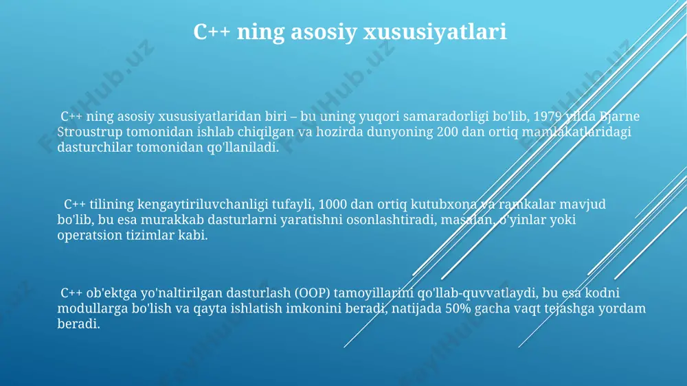oshqalarni, taxminan 20 ta turli xil funksiyani taqdim etadi, bu esa murakkab hisob-kitoblarni soddalashtiradi. iostream kutubxonasi, c++ ning asosiy standart kutubxonasining bir qismi bo'lib, 1980 yillardagi dastlabki versiyalarida paydo bo'lgan va konsolga ma'lumotlarni chiqarish va kirishni amalga oshirish imkonini beradi, masalan, cout yoki cin kabi obyektlar orqali. boshqaruv operatorlari c++ дастурлаш тилидаги 2 ta sonni taqqoslash operatorlari (>, =, <=, ==, !=) yordamida mantiqiy qiymatlar (true yoki false) hosil qilinadi va shart operatorlari (if, else if, else) bilan birgalikda dastur bajarilishini boshqarishda qo'llaniladi switch operatori, 5 ta holat yoki undan ko'p sonli shartlarni tekshirishni soddalashtiradi va kodning o'qiyolishini yaxshilaydi. bu operator farg'ona vodiysidagi dasturchilar tomonidan keng qo'llaniladi. loop operatorlari, masalan, for va while tsikllari, dasturda takrorlanuvchi kod bloklarini 10 dan 100 gacha sonlar oralig'ida samarali bajarish imkonini beradi. bu operatorlar samarkanddagi katta hajmdagi ma'lumotlarni qayta ishlashda juda foydali. sınıflar va obyektlar sınıflar c++ da ma'lumotlar va funksiyalarni bitta birlikka birlashtiruvchi …