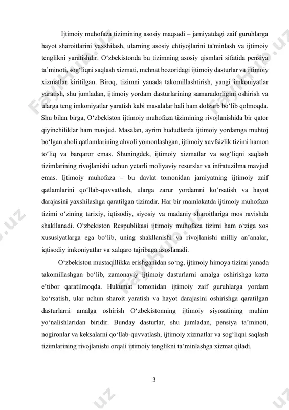 za tizimining mohiyati va dolzarbligi, iqtisodiyotdagi roli va ahamiyati ijtimoiy muhofaza tizimi — bu jamiyatning eng zaif qatlamlarini himoya qilish, ularning hayotini yaxshilash va ijtimoiy adolatni ta'minlashga qaratilgan davlat yoki boshqa tashkilotlar tomonidan ko'rsatiladigan turli xizmatlar to'plamidir. bunga quyidagi asosiy sohalar kiradi: · sog'liqni saqlash: tibbiy xizmatlar va davolash, kasalliklarni oldini olish, epidemiyalarga qarshi kurash. · nafaqa tizimi: pensiya ta'minoti, nafaqa (ya'ni, qariyalar, nogironlar, ishsizlar va boshqalar uchun nafaqalar). · ishsizlikka qarshi kurash: ish o'rinlari yaratish, ishsizlarni malakasini oshirish, ishga joylashish va mehnat bozorini tartibga solish. · oila va bolalar himoyasi: oila va bolalarni qo'llab-quvvatlash, ularga yuridik va psixologik yordam ko'rsatish. · ijtimoiy yordam: arzimagan daromadga ega bo'lganlarga yoki favqulodda holatlarda (tabiiy ofatlar, pandemiyalar) yordam ko'rsatish. ijtimoiy muhofaza tizimi iqtisodiy va ijtimoiy barqarorlikni ta'minlash, kambag'allikni kamaytirish, odamlarning hayot sifatini yaxshilashga qaratilgan kompleks yondashuvdir. ijtimoiy muhofaza tizimining dolzarbligi ijtimoiy muhofaza tizimi har bir jamiyatda dolzarb ahamiyatga ega, chunki u quyidagi sabablar …