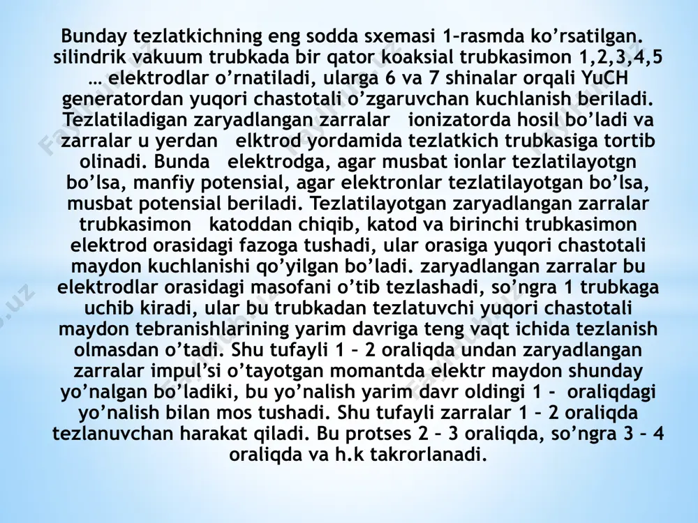 emul’siya va boshqalar kiradi. 2. radiolyumunessent detektorlar, bularning ishlash prinsipida muhit atomlarining uyg’onishi yoki ionlashishi tufayli hosil bo’lgan yorug’lik chaqnashlari(ssintilyatsiya)dan foydalaniladi. bu guruhga turli xil ssintilyatsion sanagichlar va termolyuminessent detektorlar kiradi. 3. cherenkov detektorlari, ularning ishlash prinsipi vavilov–chernkov nurlanishiga asoslangan. 4. kalorimetrik detektorlar, ularning ishlash prinsii nurlanish ta`sirida u o’tgan muhit yoki moddaning isishi effektiga asoslanadi. 5. kimyoviy detektorlar, ularning ishlash prinsipi yadroviy nurlanish tufayli ro’y beradigan kimyoviy reaksiyalardan foydalanishga asoslangan. misol, marganetsli detektor. 6. zaryadli detektorlar, ularda yadroviy nurlanishning moddaga ta`siri tufayli yuaga kelgan elektr maydondan foydalaniladi. 7. radionuqsonli detektorlar, ularning ishlash prinsipi moddalarning radiatsion zararlanishidan foydalanishga asoslangan. zaryadlangan tez zarralarni qayd qiluvchi asboblardan muhimi –vil’son kamerasidir. vil’son kamerasining ishlash prinsipi quyidagicha. zarralarni kuzatish uchun mo’ljallangan fazo suv yoki spirt bug’lariga to’yintirilgan gaz bilan to’ldiriladi. agar gaz hajmini keskin kengaytirilsa, u holda gaz adiabatic sovuydi, bu esa kondensatsiya markazlarida (agar ular shu hajmda mavjud bo’lsa) bug’ning juda mayday tuman …